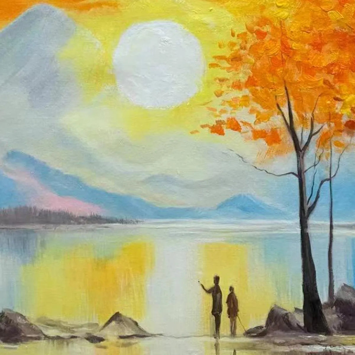 Sunset Landscape Oil Painting - Vibrant Orange Art