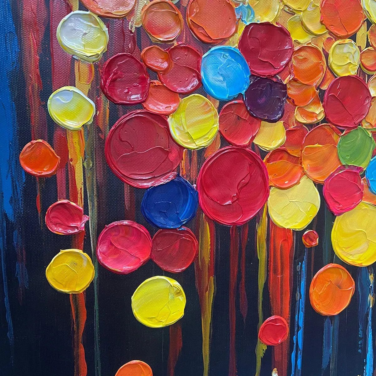 RAINBOW DROPS: Vertical Abstract Painting with Colorful Circles, Textured Impasto, Modern Wall Art