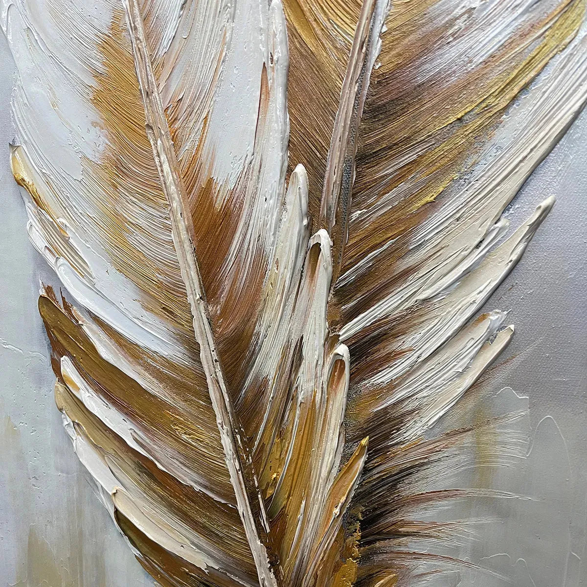 GOLDEN GRACE: Vertical Painting of Golden Feathers, Textured Impasto, Modern Wall Art