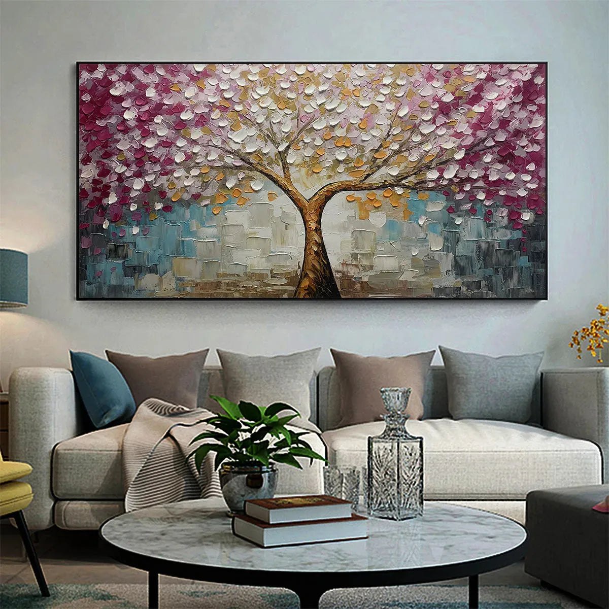 CHERRY BLOSSOM DREAM: Panoramic Textured Impasto Painting of a Cherry Blossom Tree, Modern Wall Art, Pink and Gold