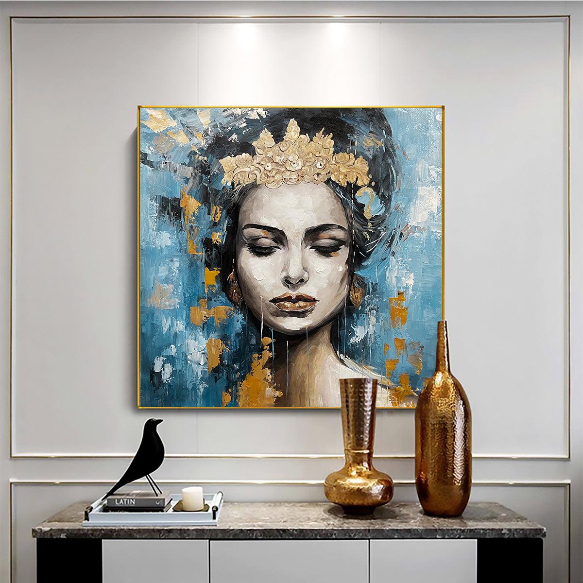 GOLDEN MUSE: Portrait Painting in Blue and Gold, Square Canvas, Modern Figurative Wall Art