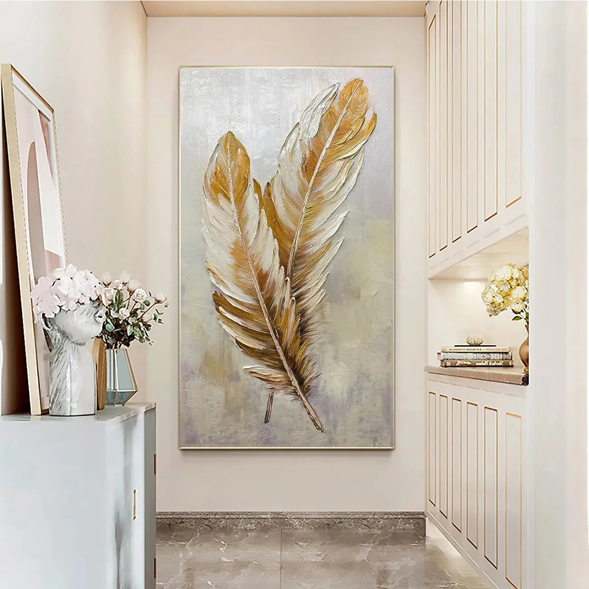 GOLDEN GRACE: Vertical Painting of Golden Feathers, Textured Impasto, Modern Wall Art