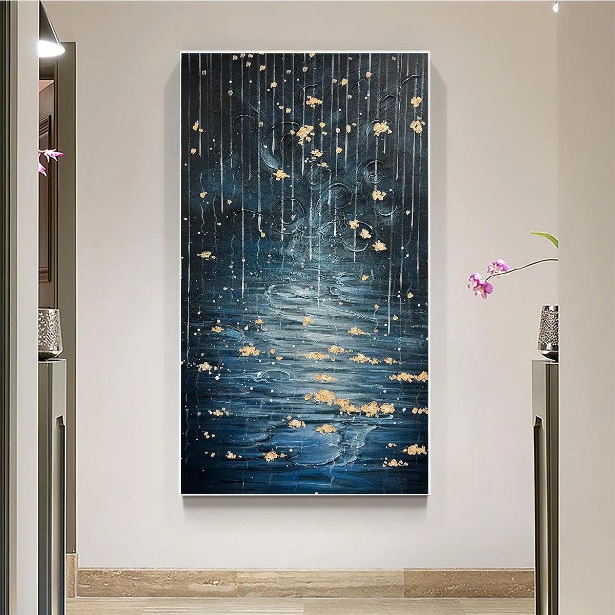 GOLDEN FALLS: Abstract Waterfall Painting, Blue and Gold, Vertical Canvas, Modern Wall Art