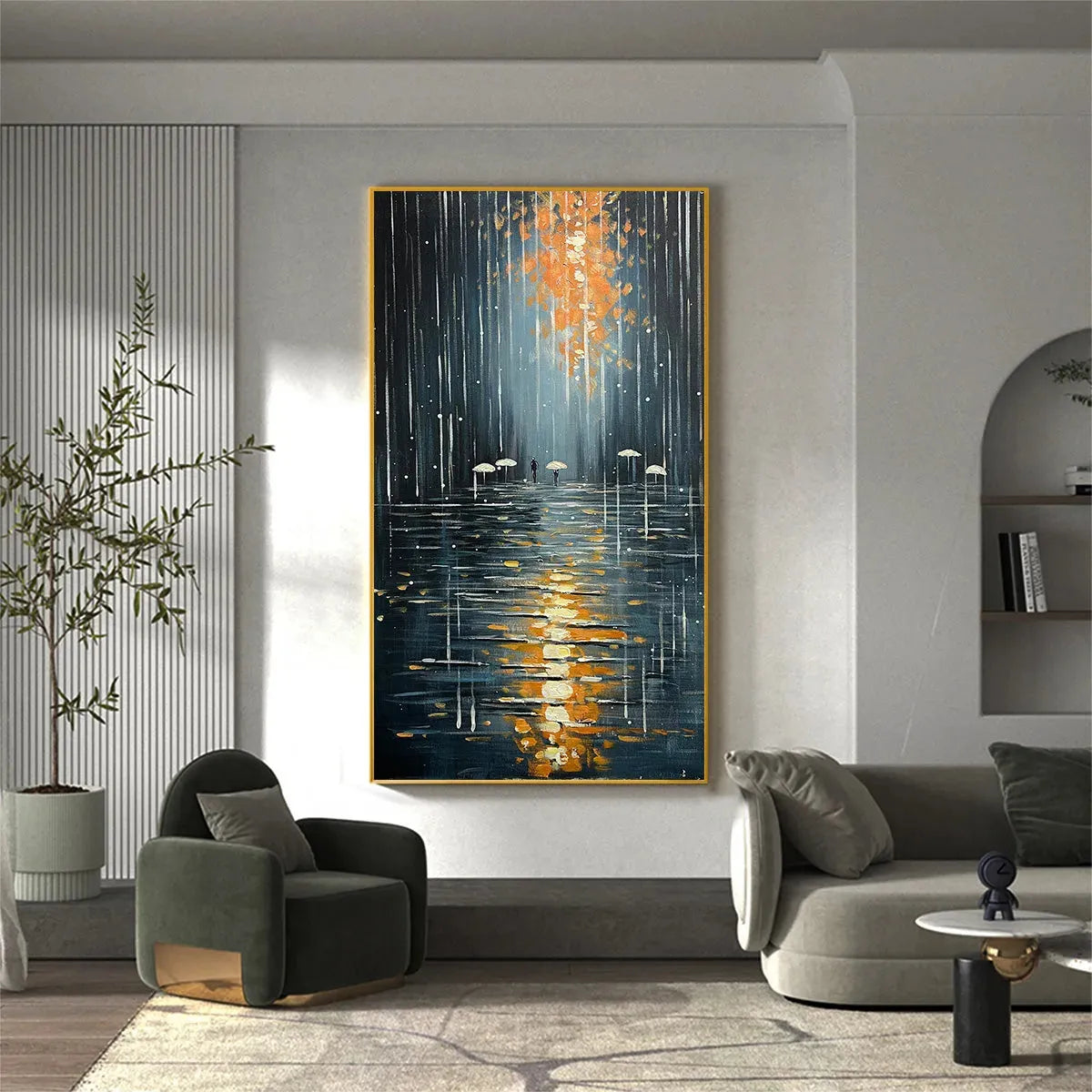 RAINY DAY REFLECTIONS: Vertical Painting of a Rainy City Street, Minimalist Figures, Modern Wall Art, Blue and Gold