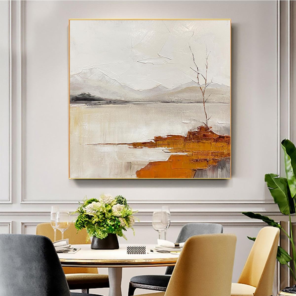 SERENE WATERS: Minimalist Landscape Painting in White, Grey, and Orange, Square Canvas Wall Art