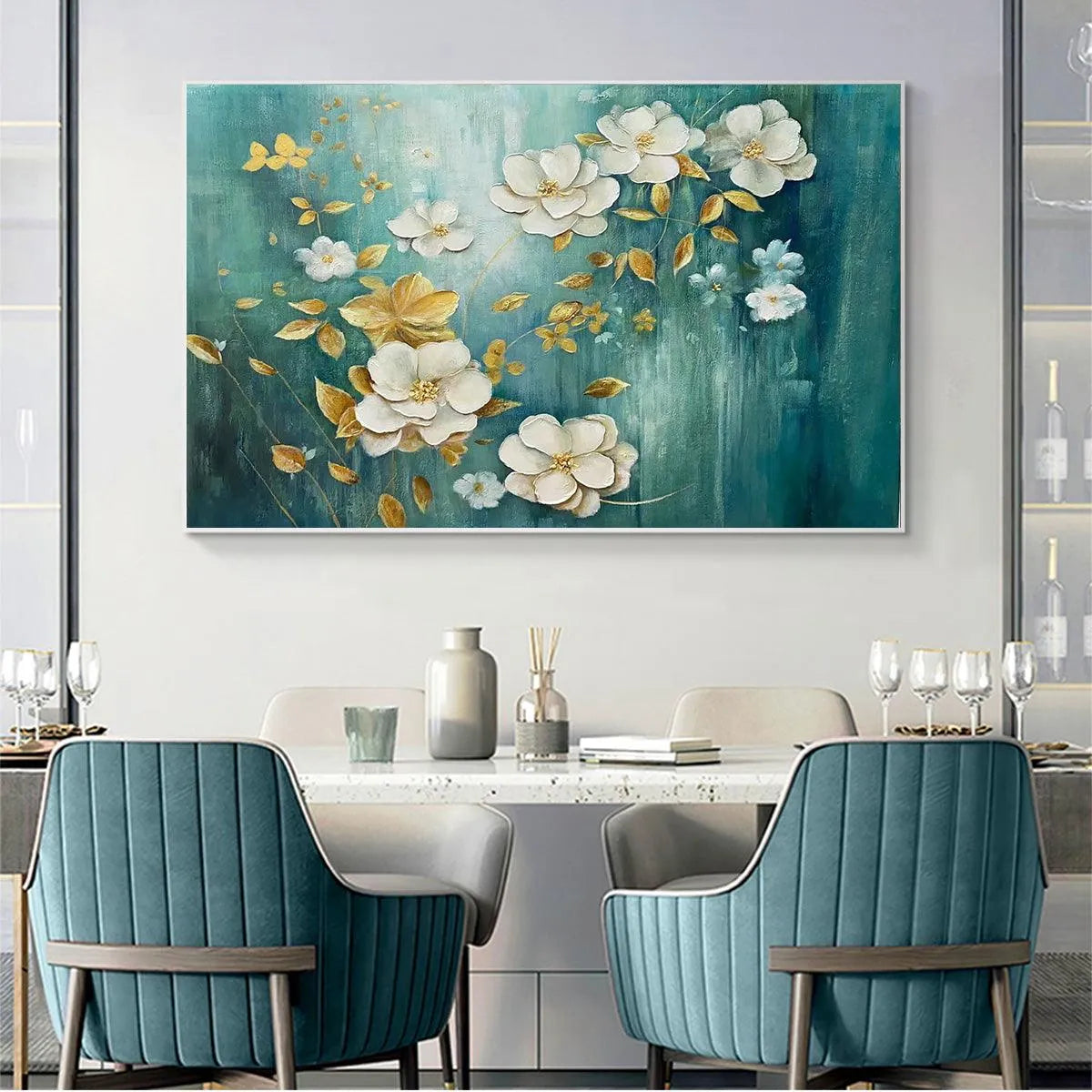 GOLDEN GARDEN: White and Gold Floral Painting, Teal Green Background Wall Art, Horizontal Canvas, Impressionist Decor