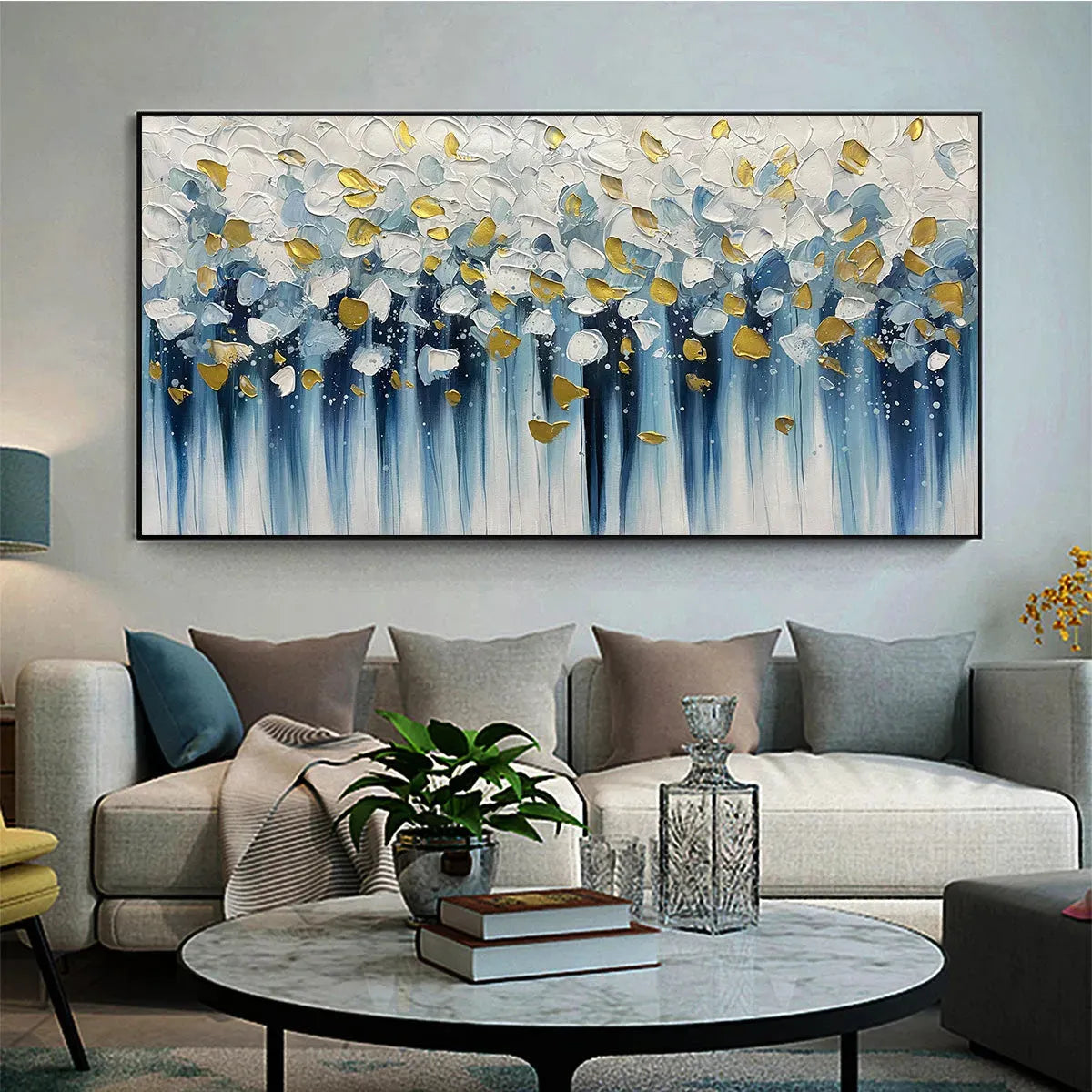 GOLDEN FALLS: Abstract Painting in Blue and Gold, Textured Canvas, Modern Wall Art