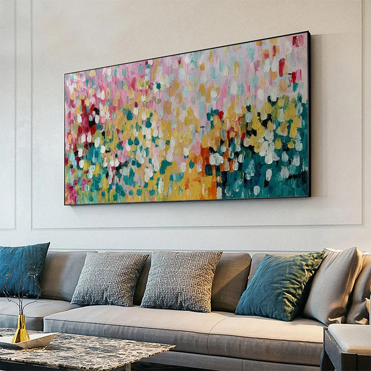 CONFETTI GARDEN: Abstract Floral Painting in Pink, Yellow, and Teal, Panoramic Canvas, Modern Wall Art