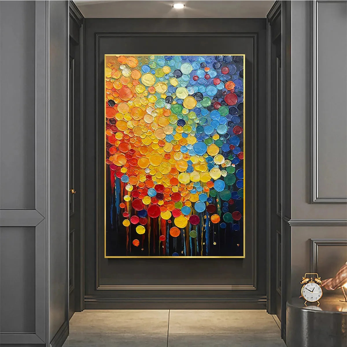 RAINBOW DROPS: Vertical Abstract Painting with Colorful Circles, Textured Impasto, Modern Wall Art