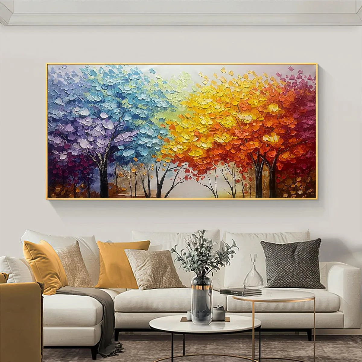 AUTUMN RAINBOW: Panoramic Tree Painting in Vibrant Colors, Textured Canvas, Modern Wall Art