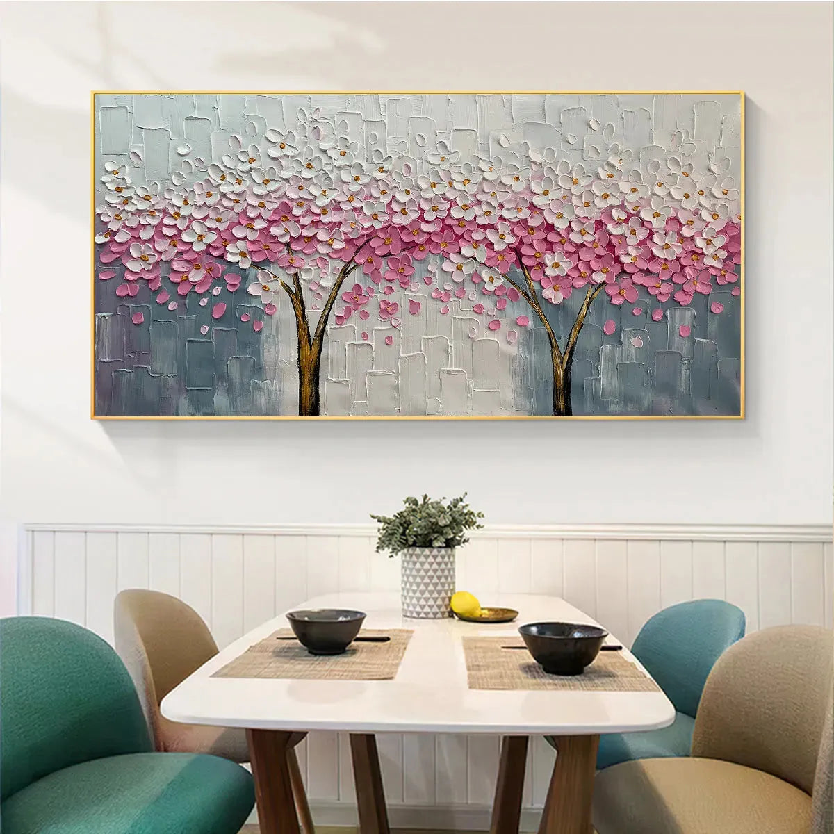 SPRING BLOSSOM: Panoramic Cherry Blossom Painting in Pink and White, Textured Impasto, Modern Wall Art