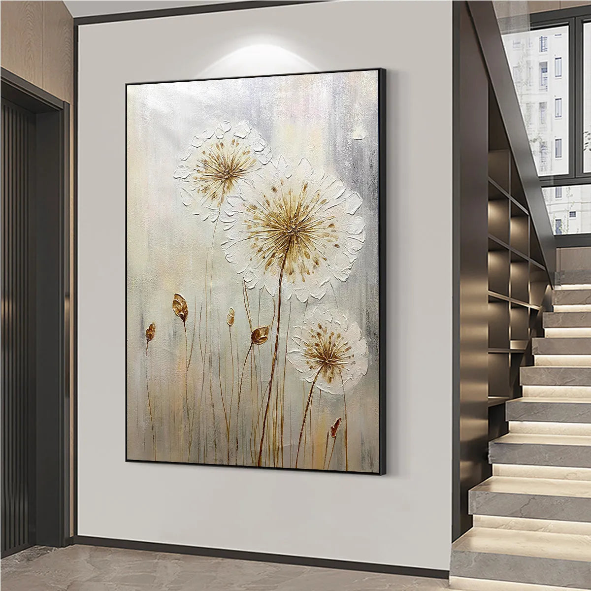 WHISPERS OF GOLD: Textured Dandelion Painting on Vertical Canvas