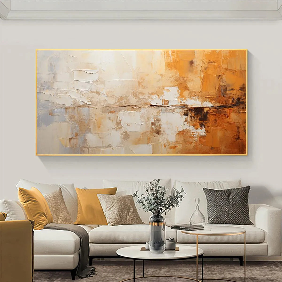 DESERT DUSK: Panoramic Abstract Painting in Orange and Beige, Textured Canvas, Modern Wall Art