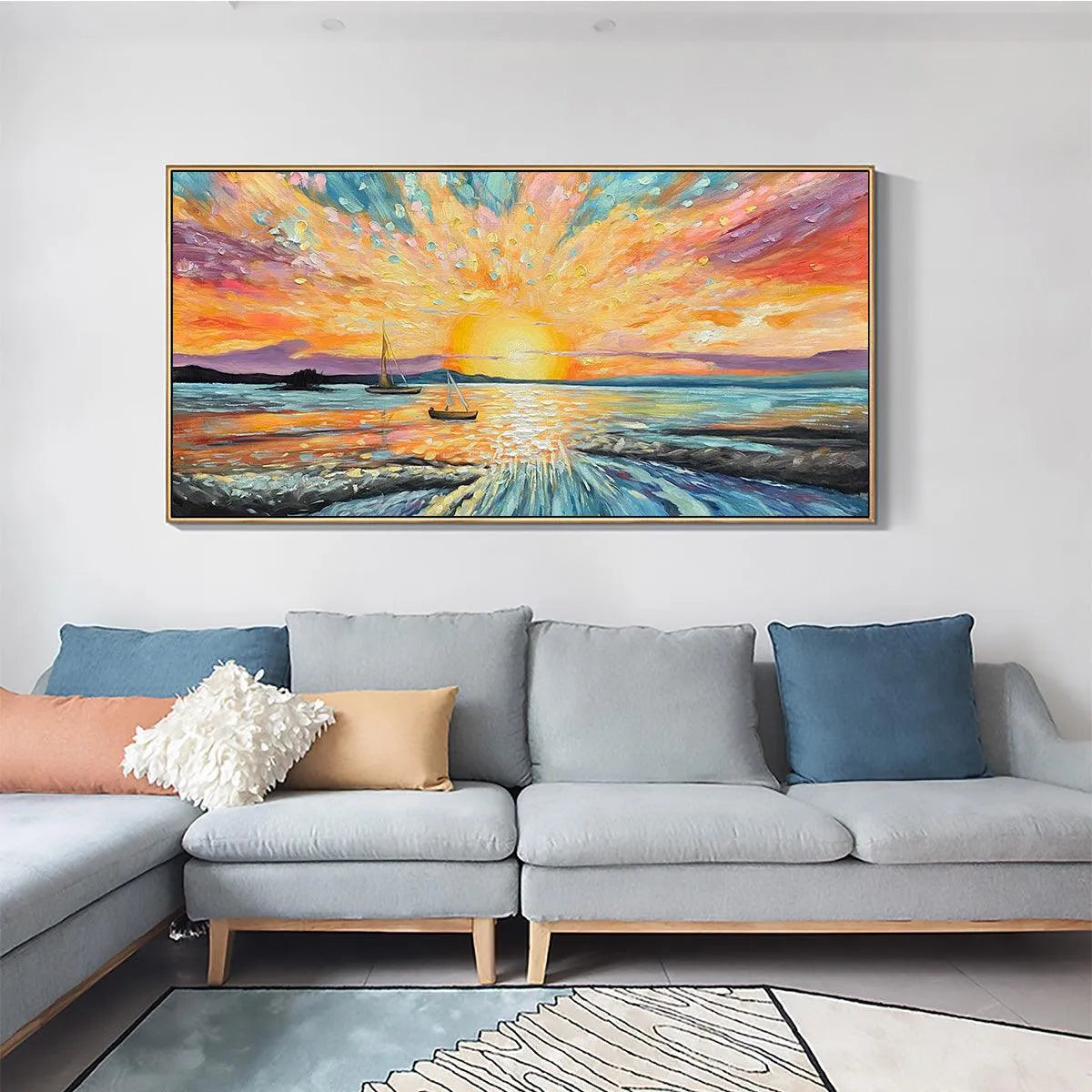 SAILING AT SUNSET: Vibrant Seascape Painting, Panoramic Canvas, Coastal Wall Art