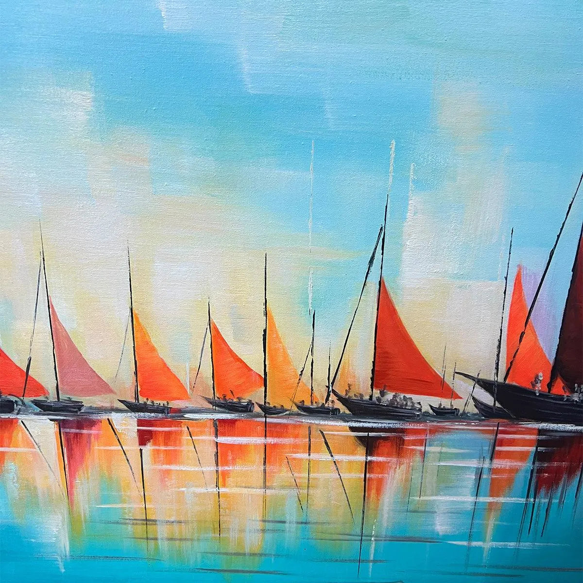 REGATTA AT DAWN: Panoramic Sailboat Painting, Colorful Sunrise