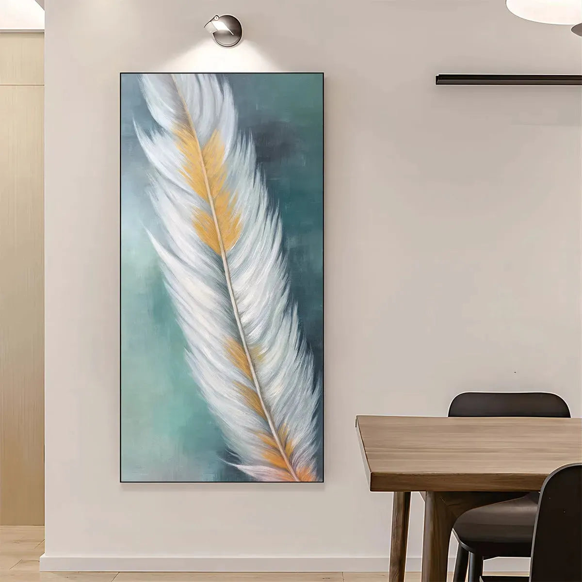 GOLDEN QUILL: White and Gold Feather Painting, Green Background Wall Art, Vertical Canvas, Minimalist Decor