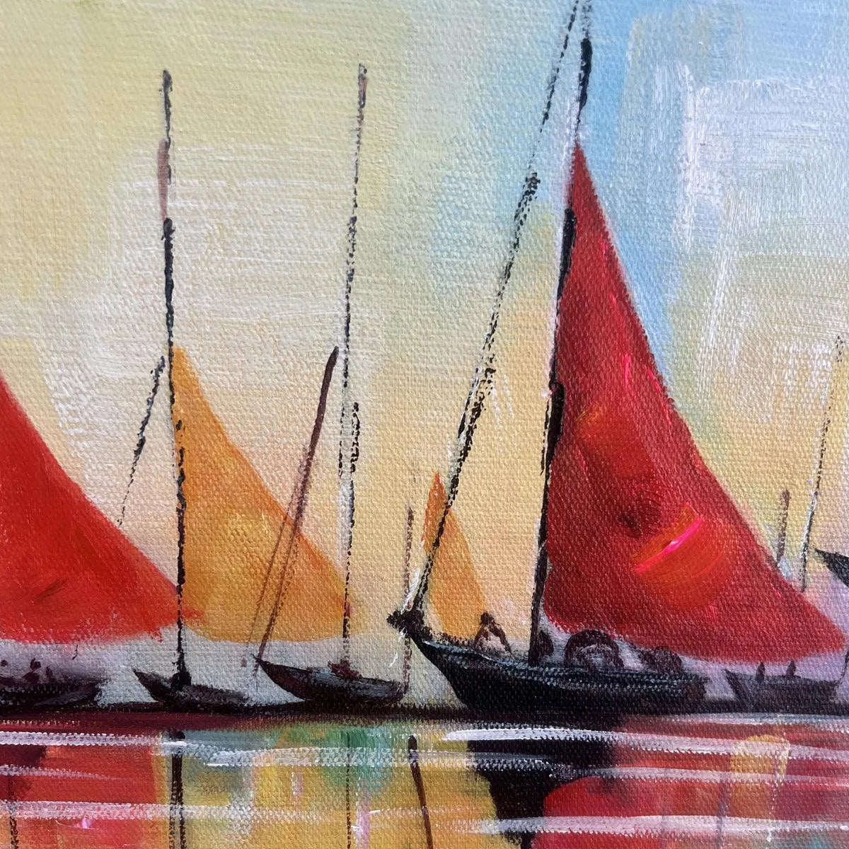 REGATTA: Colorful Sailboats Painting, Blue and Orange Wall Art, Horizontal Canvas, Coastal Decor