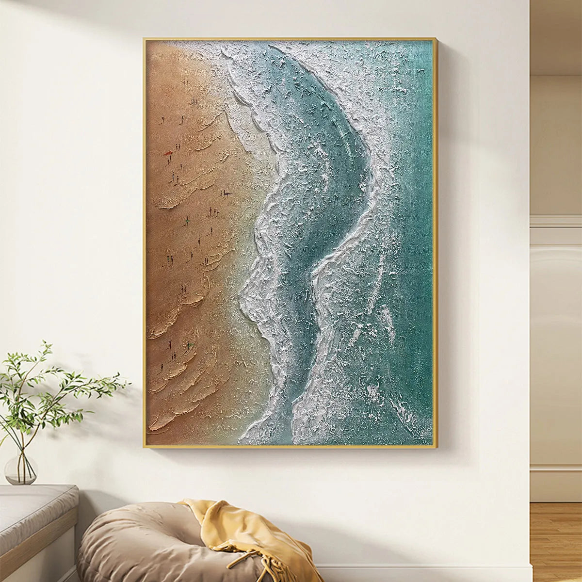 COASTAL SERENITY: Textured Beach Painting, Ocean View, Beige, Blue, Living Room, Bedroom