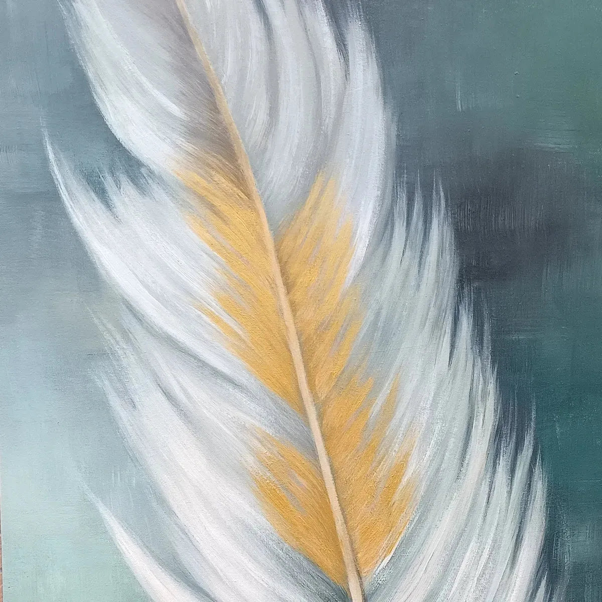 GOLDEN QUILL: White and Gold Feather Painting, Green Background Wall Art, Vertical Canvas, Minimalist Decor