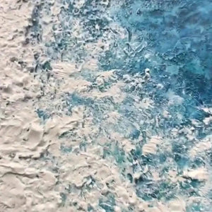 Azure Coast painting texture: impasto blue and beige crashing waves, coastal art detail for living rooms.