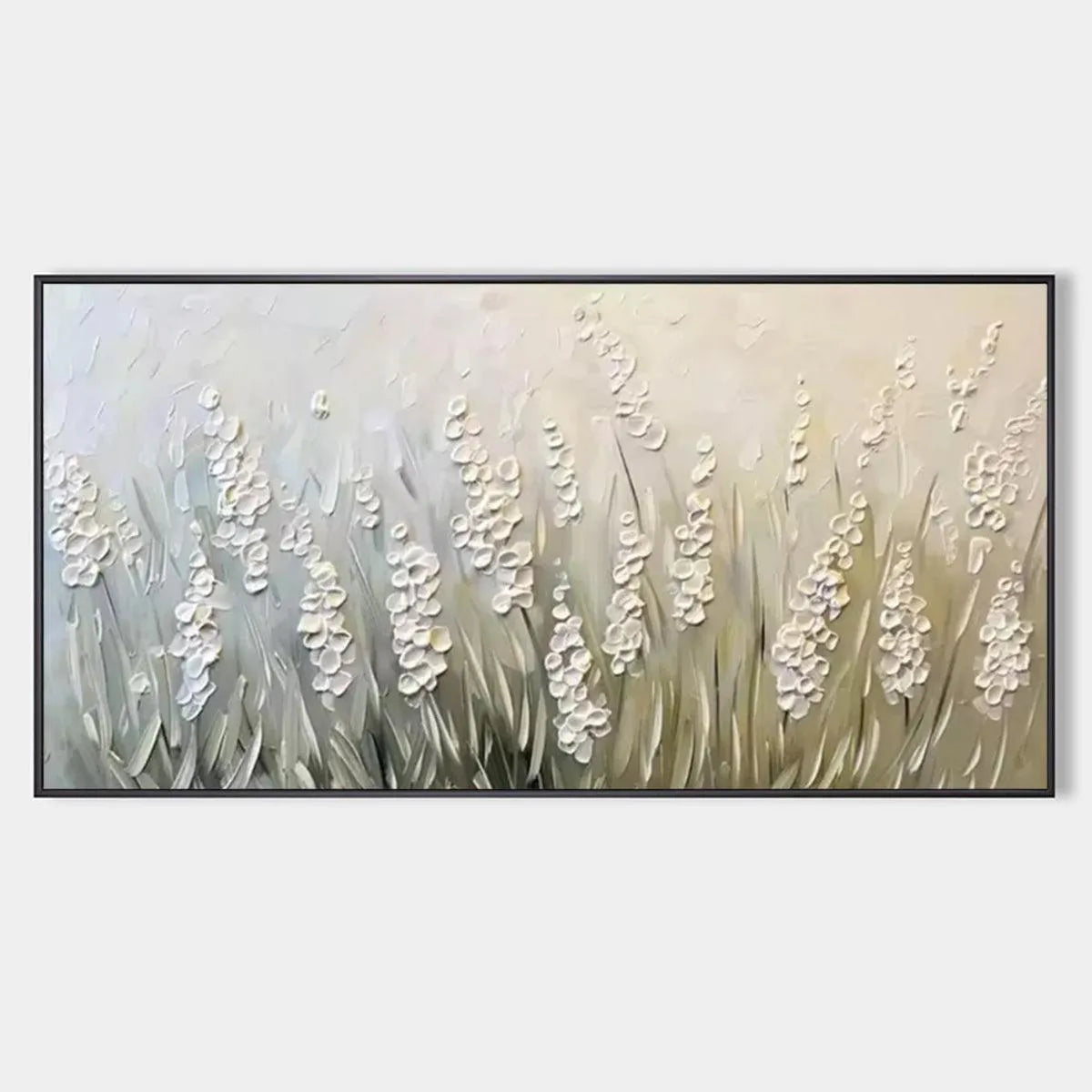 WHISPERING FIELDS: Textured White Floral Painting, 3D Flower Wall Art, Panoramic Canvas, Serene Decor