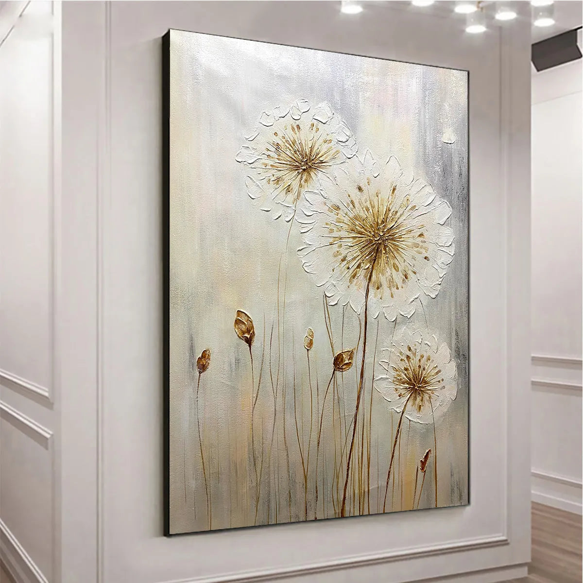 WHISPERS OF GOLD: Textured Dandelion Painting on Vertical Canvas