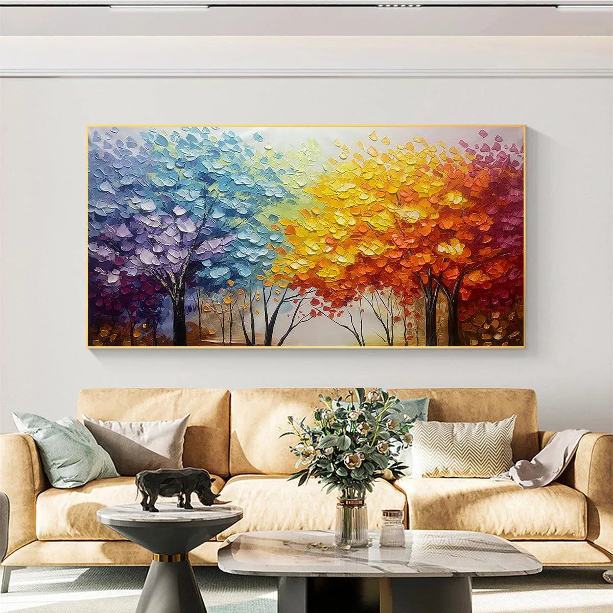 AUTUMN RAINBOW: Panoramic Tree Painting in Vibrant Colors, Textured Canvas, Modern Wall Art