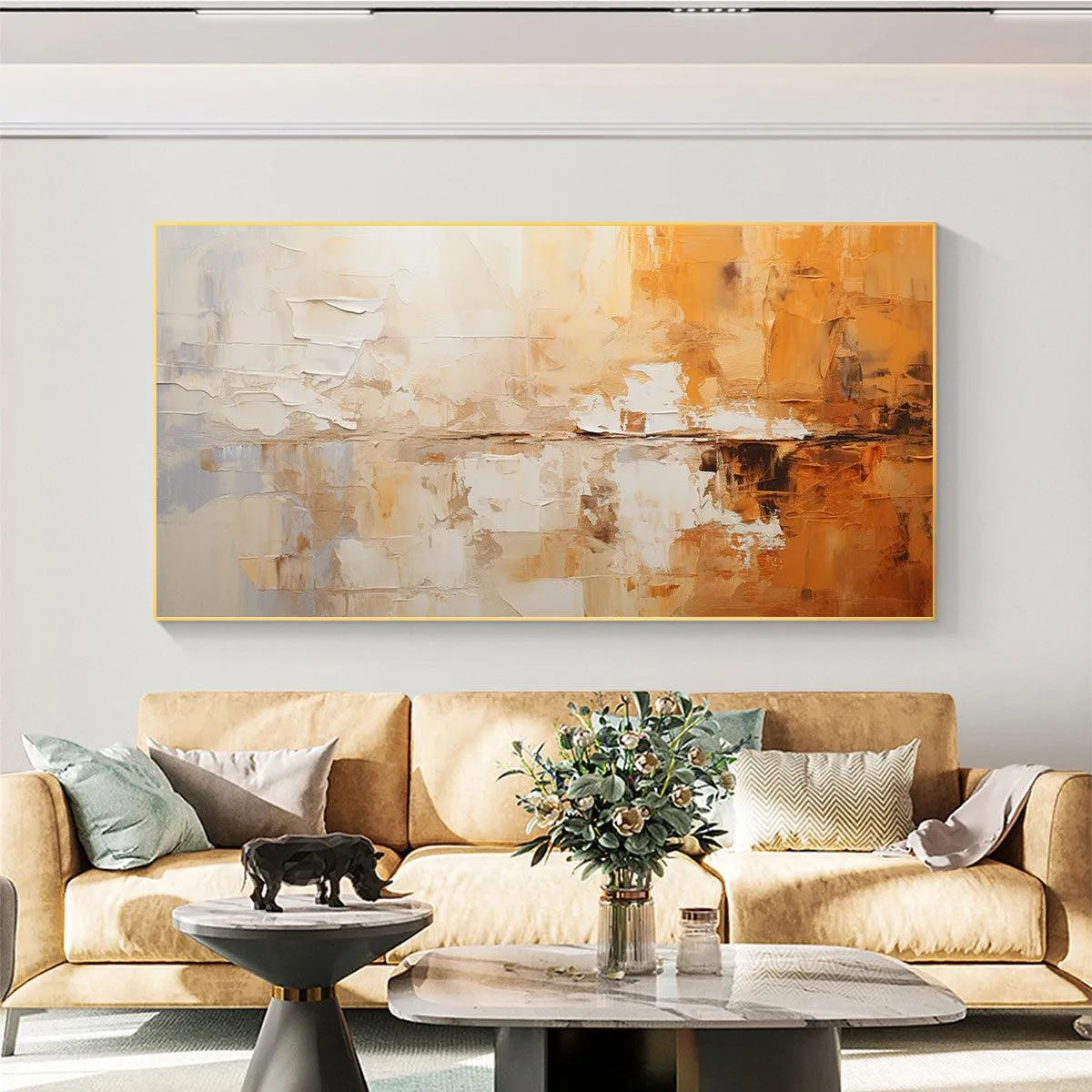 DESERT DUSK: Panoramic Abstract Painting in Orange and Beige, Textured Canvas, Modern Wall Art