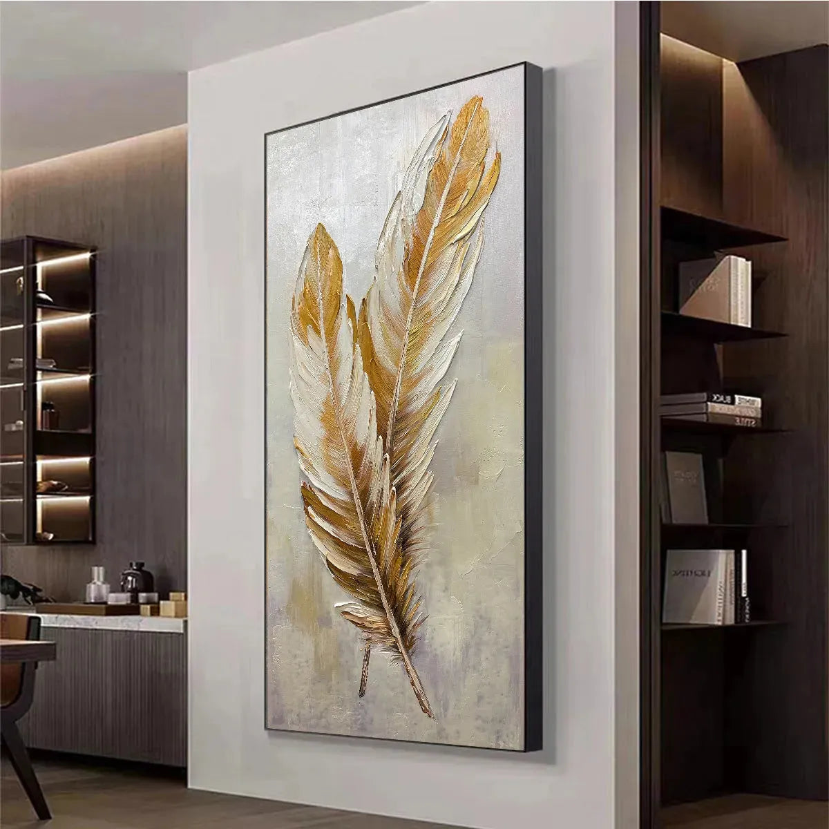 GOLDEN GRACE: Vertical Painting of Golden Feathers, Textured Impasto, Modern Wall Art