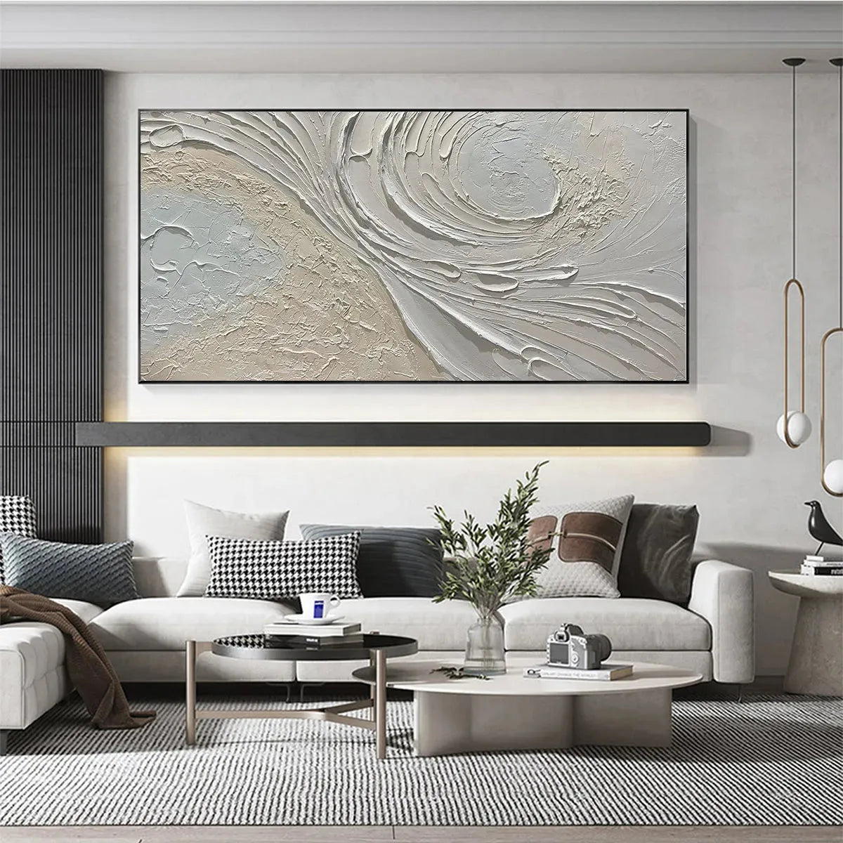 WHISPERS OF THE WIND: Panoramic Textured Abstract Painting in Neutral Tones, Modern Wall Art, Beige and Grey