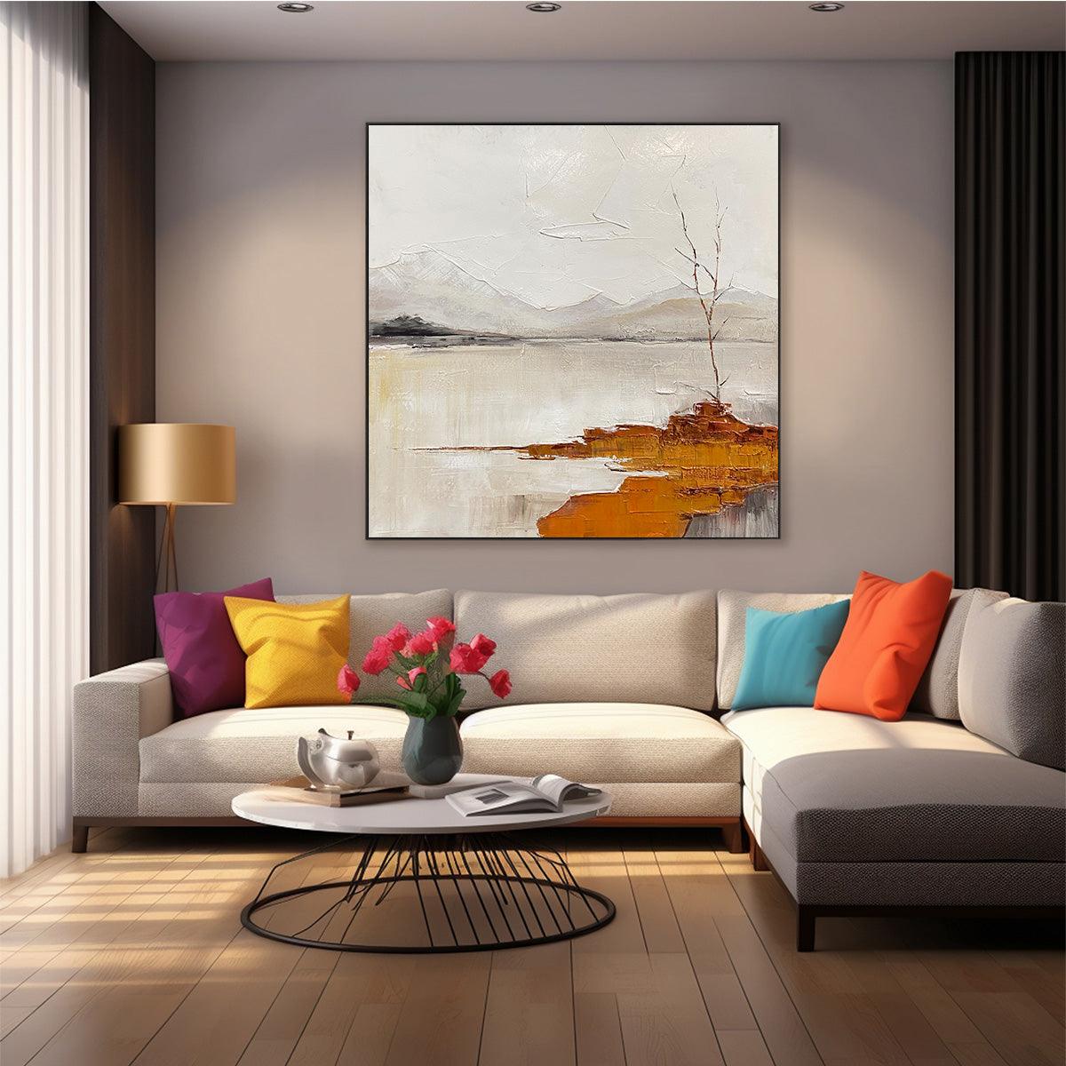 SERENE WATERS: Minimalist Landscape Painting in White, Grey, and Orange, Square Canvas Wall Art