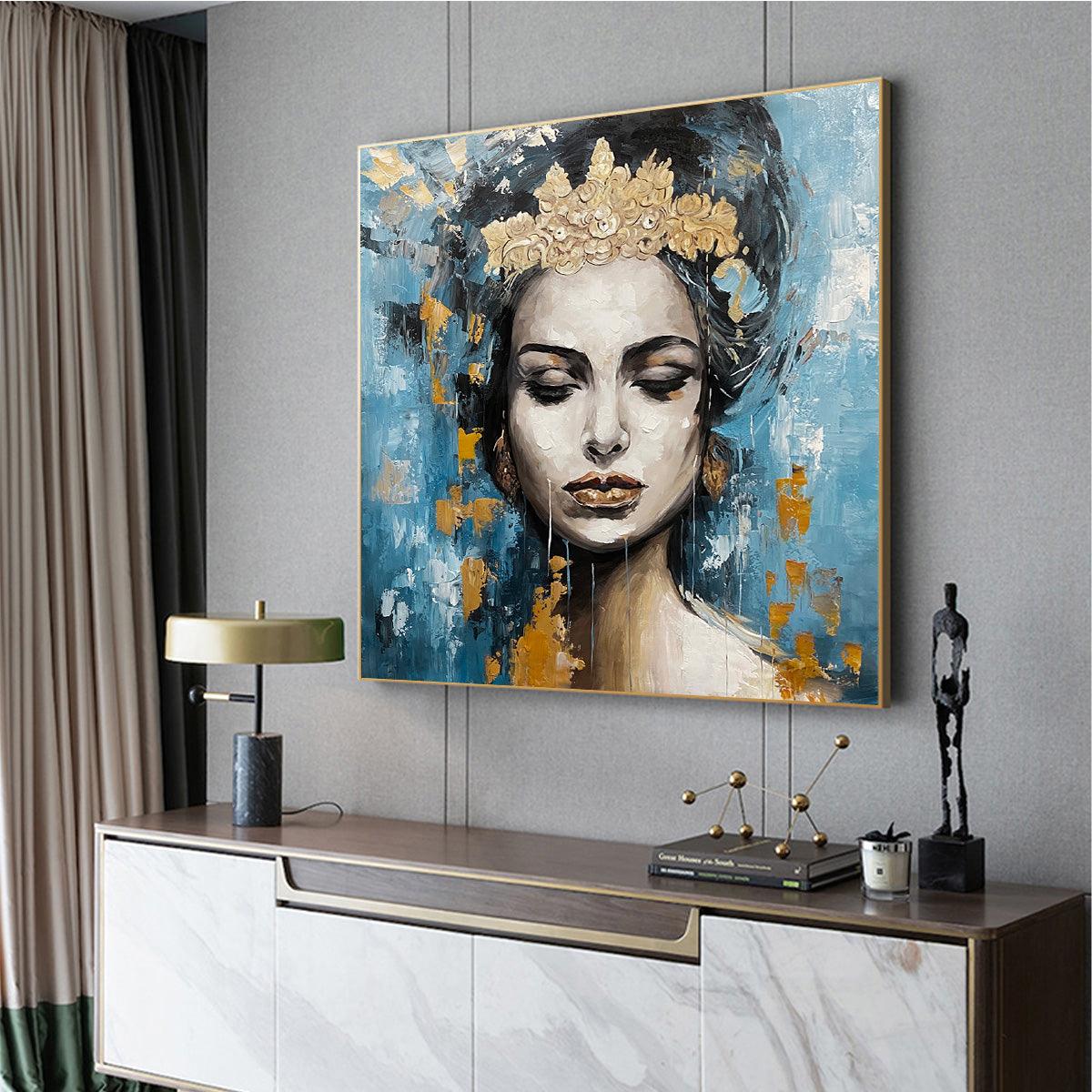 GOLDEN MUSE: Portrait Painting in Blue and Gold, Square Canvas, Modern Figurative Wall Art