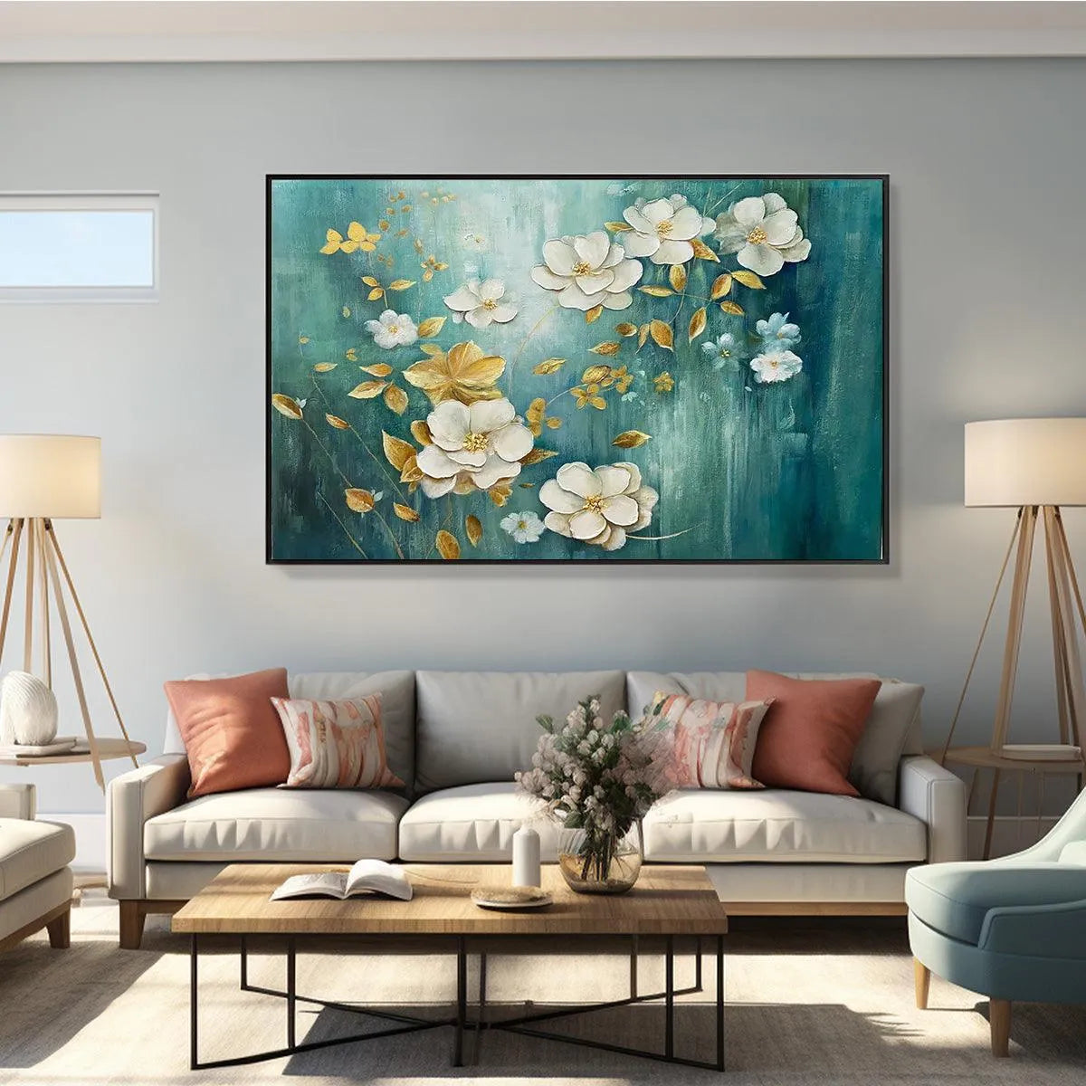 GOLDEN GARDEN: White and Gold Floral Painting, Teal Green Background Wall Art, Horizontal Canvas, Impressionist Decor