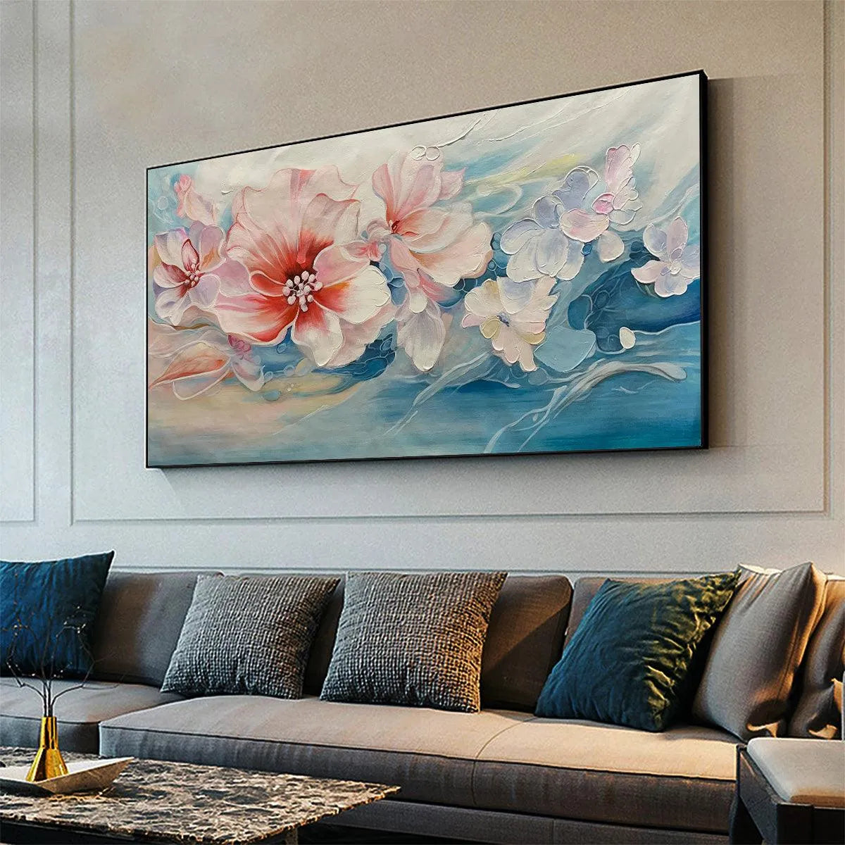 BLUSHING BLOOMS: Panoramic Floral Painting in Pink and Blue, Modern Impressionist Wall Art