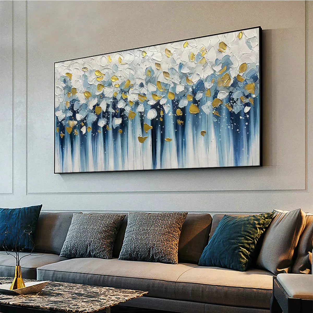 GOLDEN FALLS: Abstract Painting in Blue and Gold, Textured Canvas, Modern Wall Art