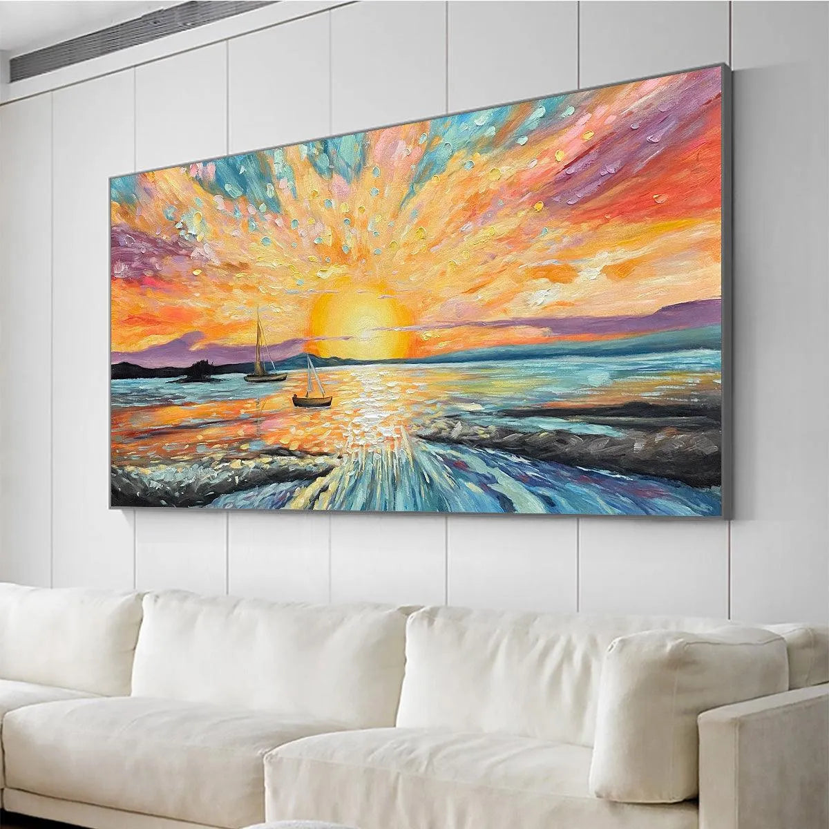 SAILING AT SUNSET: Vibrant Seascape Painting, Panoramic Canvas, Coastal Wall Art