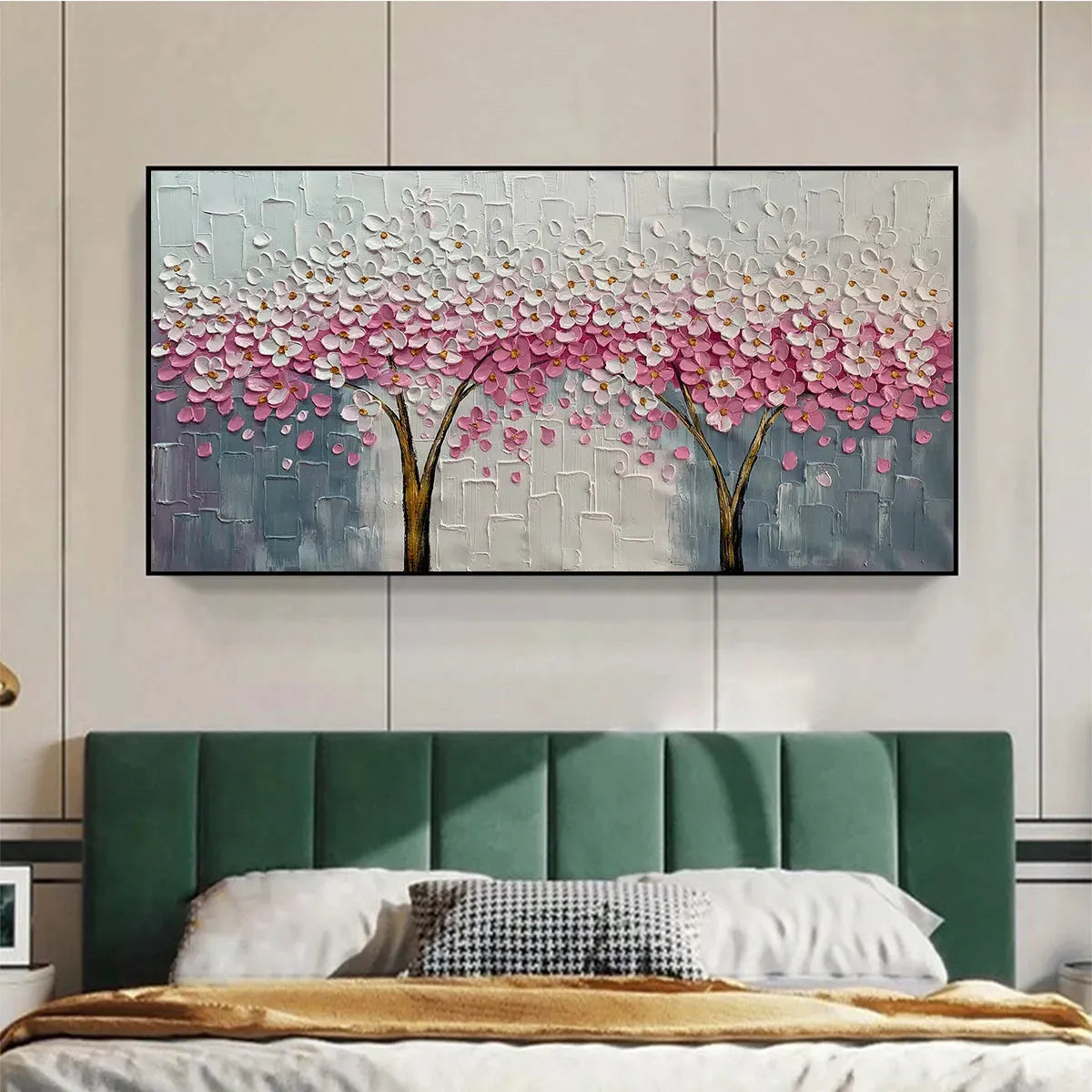 SPRING BLOSSOM: Panoramic Cherry Blossom Painting in Pink and White, Textured Impasto, Modern Wall Art