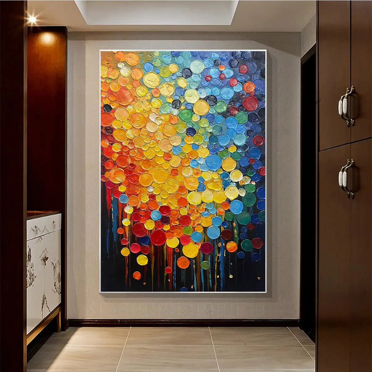 RAINBOW DROPS: Vertical Abstract Painting with Colorful Circles, Textured Impasto, Modern Wall Art