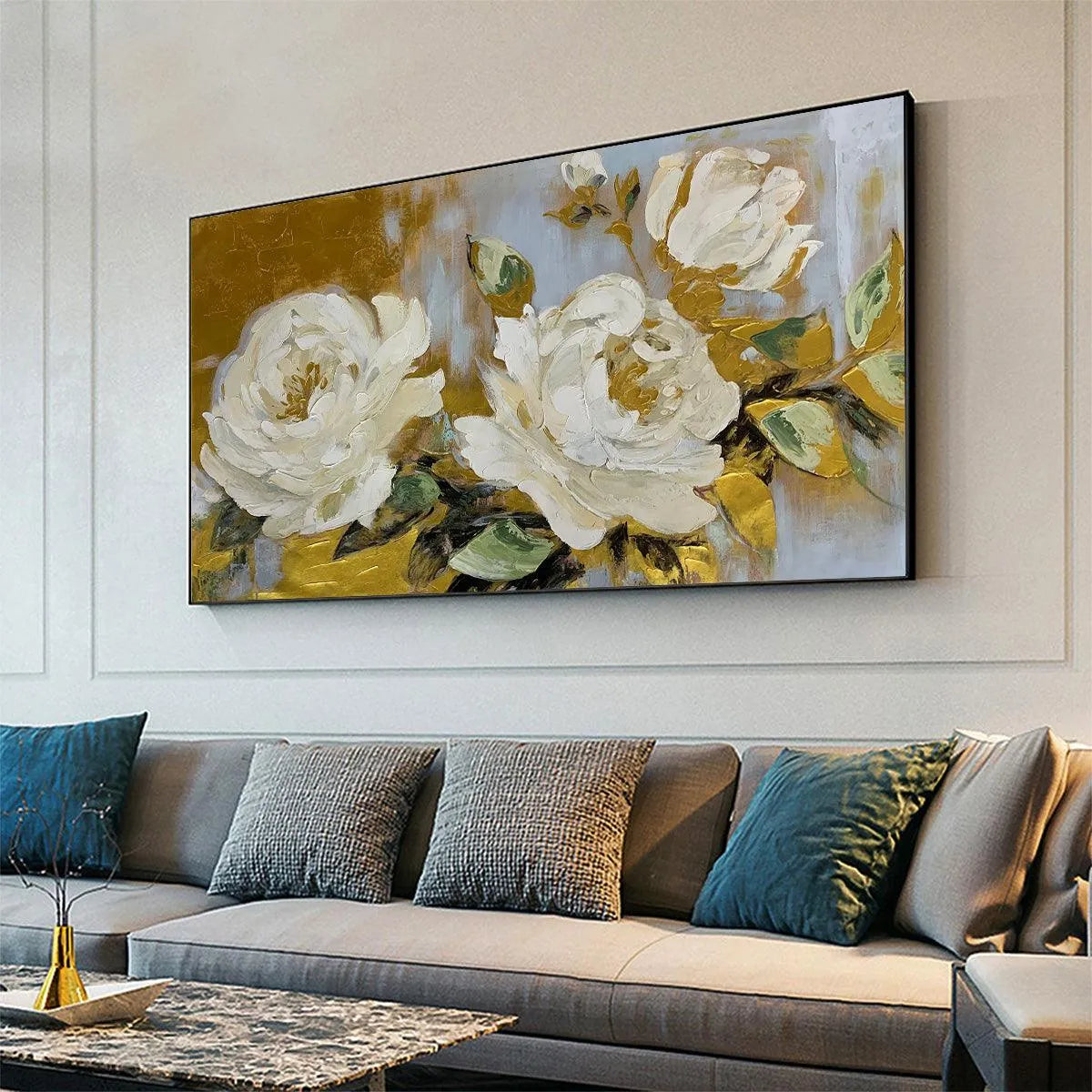 GOLDEN WHISPERS: White Floral Painting with Gold Accents, Panoramic Canvas, Elegant Wall Art for Living Room or Bedroom