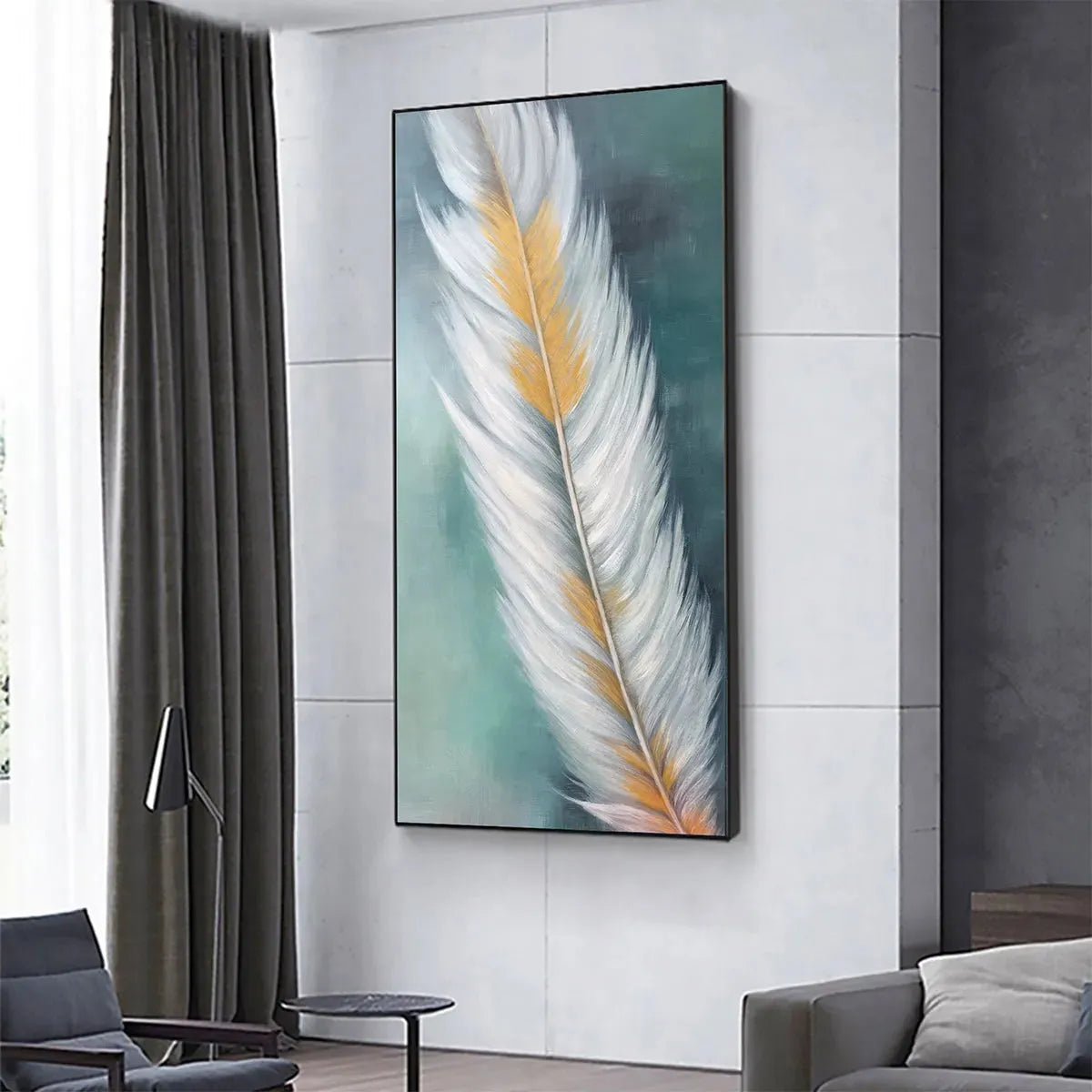 GOLDEN QUILL: White and Gold Feather Painting, Green Background Wall Art, Vertical Canvas, Minimalist Decor