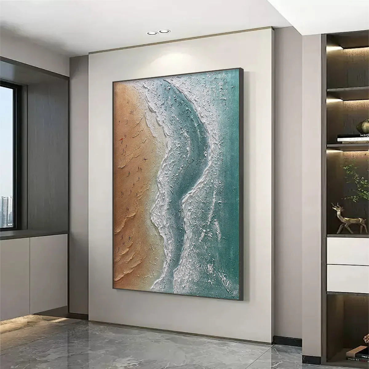 COASTAL SERENITY: Textured Beach Painting, Ocean View, Beige, Blue, Living Room, Bedroom