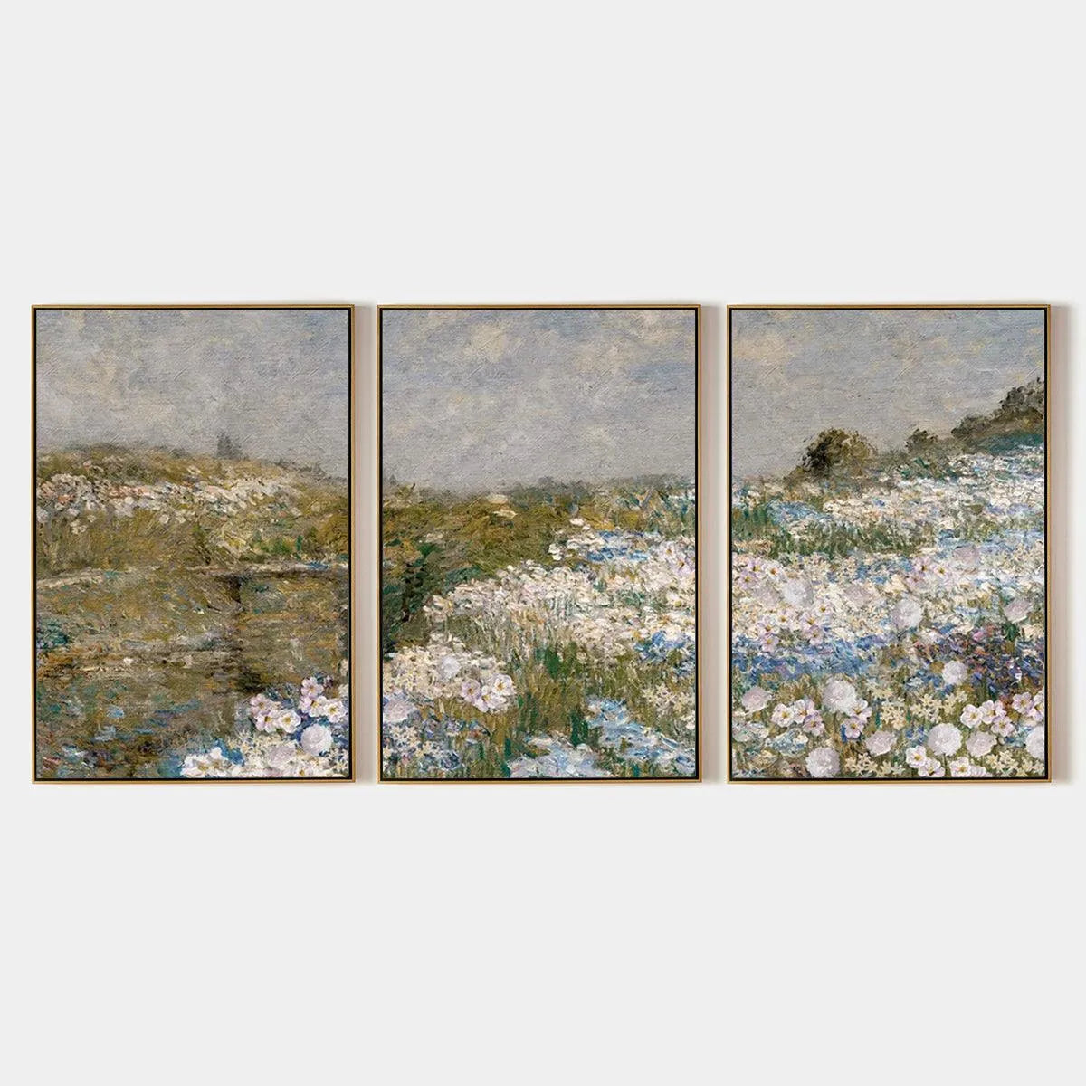 WILDFLOWER FIELD TRIPTYCH: Impressionist Landscape Painting Set of 3