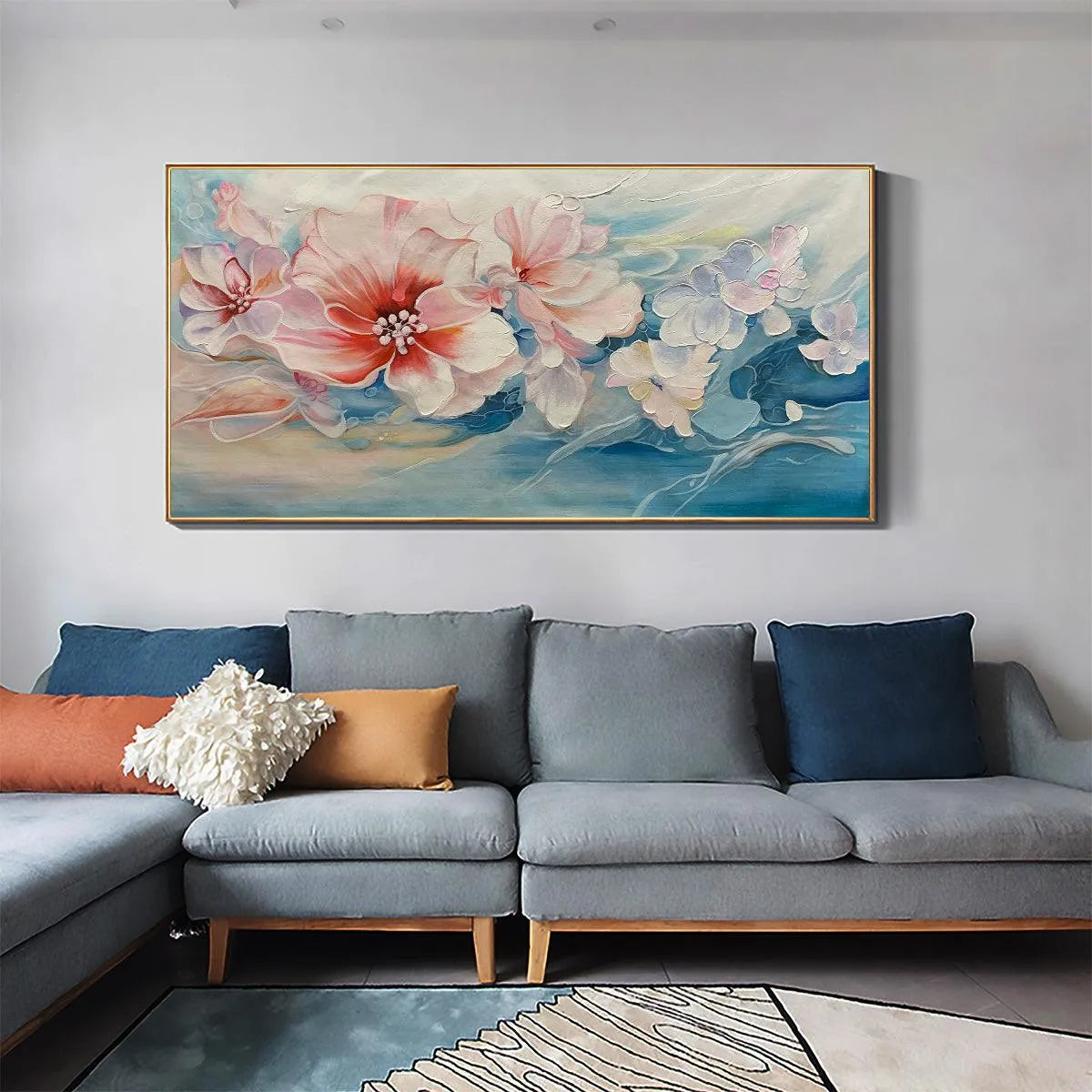 BLUSHING BLOOMS: Panoramic Floral Painting in Pink and Blue, Modern Impressionist Wall Art