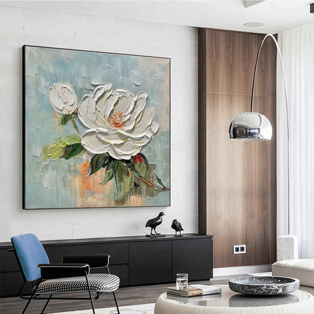 BLOSSOM'S GRACE: Textured Impasto Magnolia Painting on Square Canvas