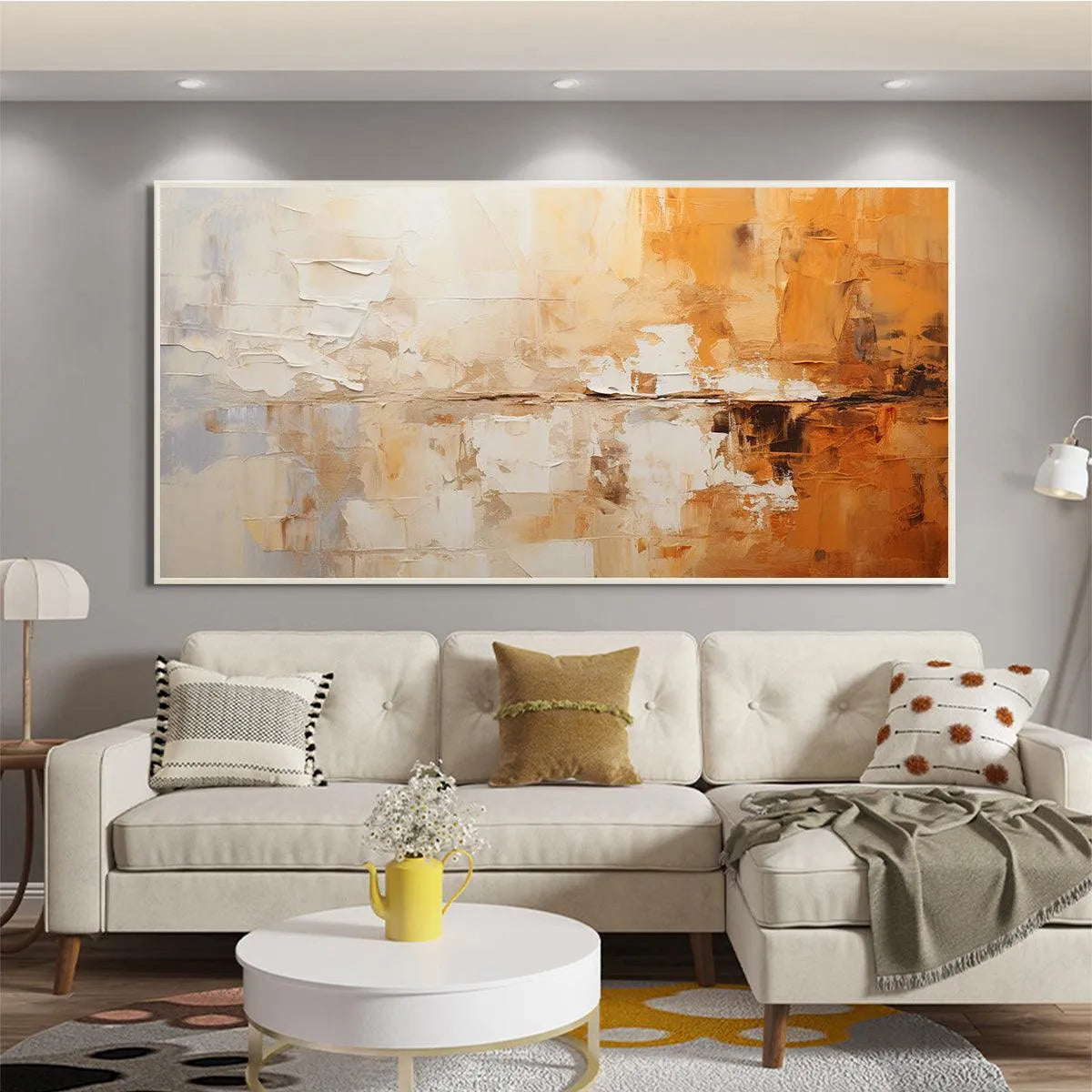 DESERT DUSK: Panoramic Abstract Painting in Orange and Beige, Textured Canvas, Modern Wall Art