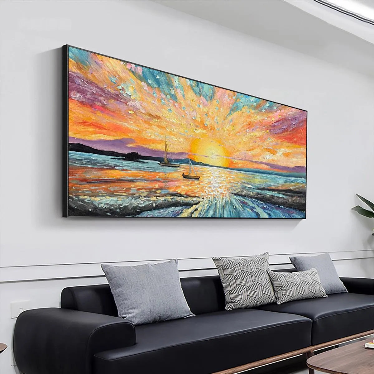 SAILING AT SUNSET: Vibrant Seascape Painting, Panoramic Canvas, Coastal Wall Art