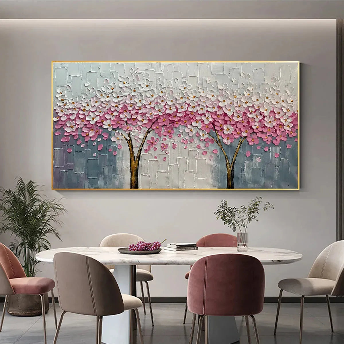 SPRING BLOSSOM: Panoramic Cherry Blossom Painting in Pink and White, Textured Impasto, Modern Wall Art