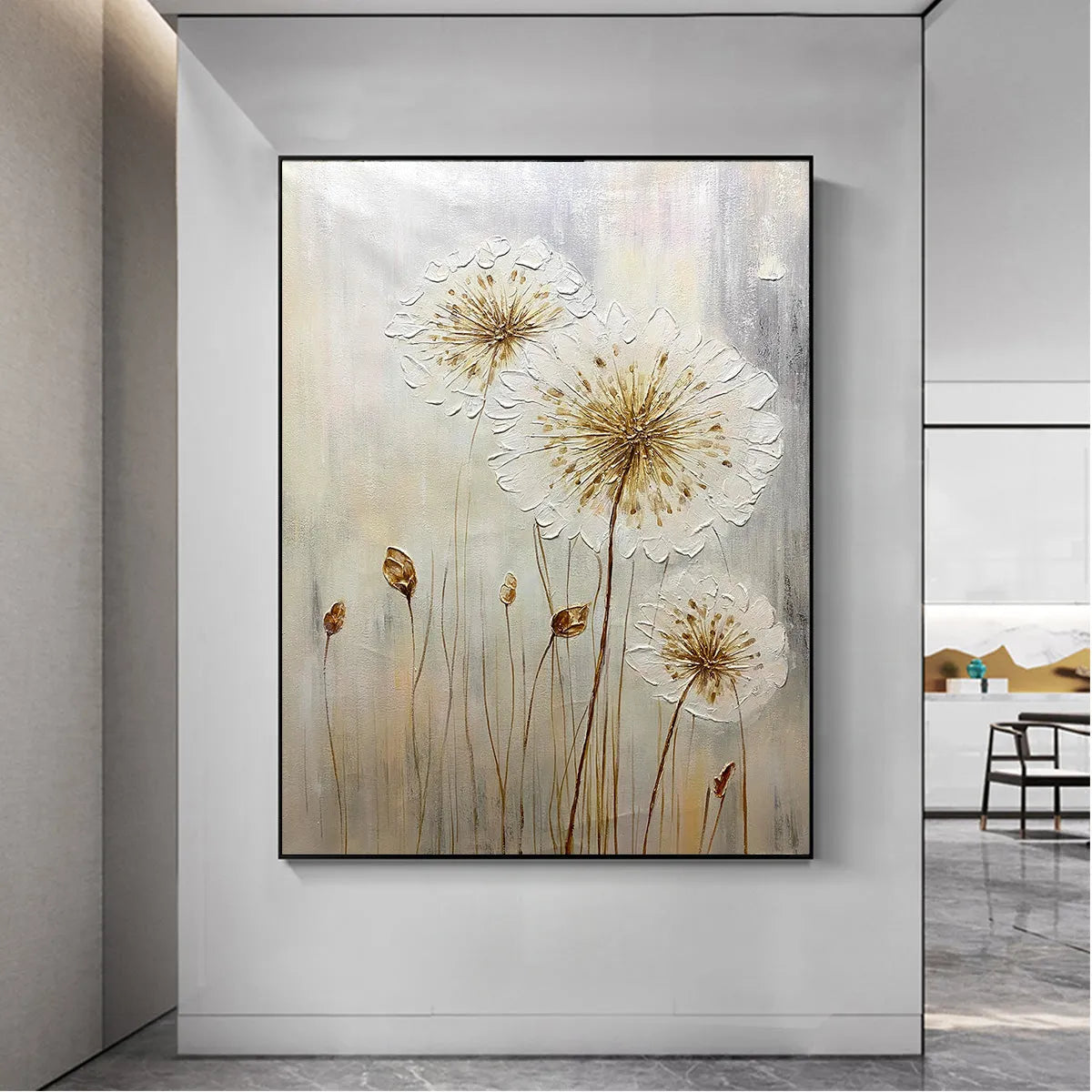 WHISPERS OF GOLD: Textured Dandelion Painting on Vertical Canvas