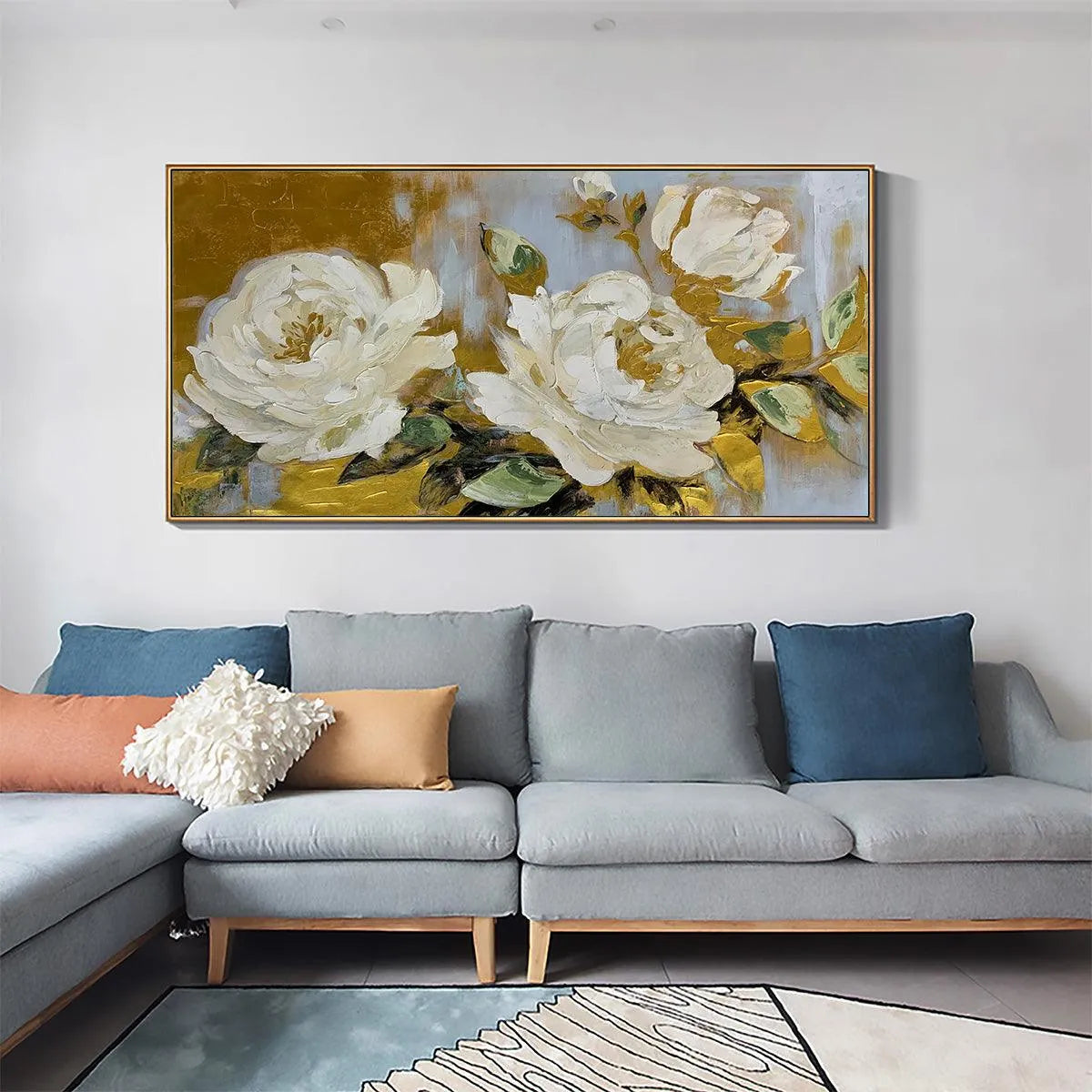 GOLDEN WHISPERS: White Floral Painting with Gold Accents, Panoramic Canvas, Elegant Wall Art for Living Room or Bedroom