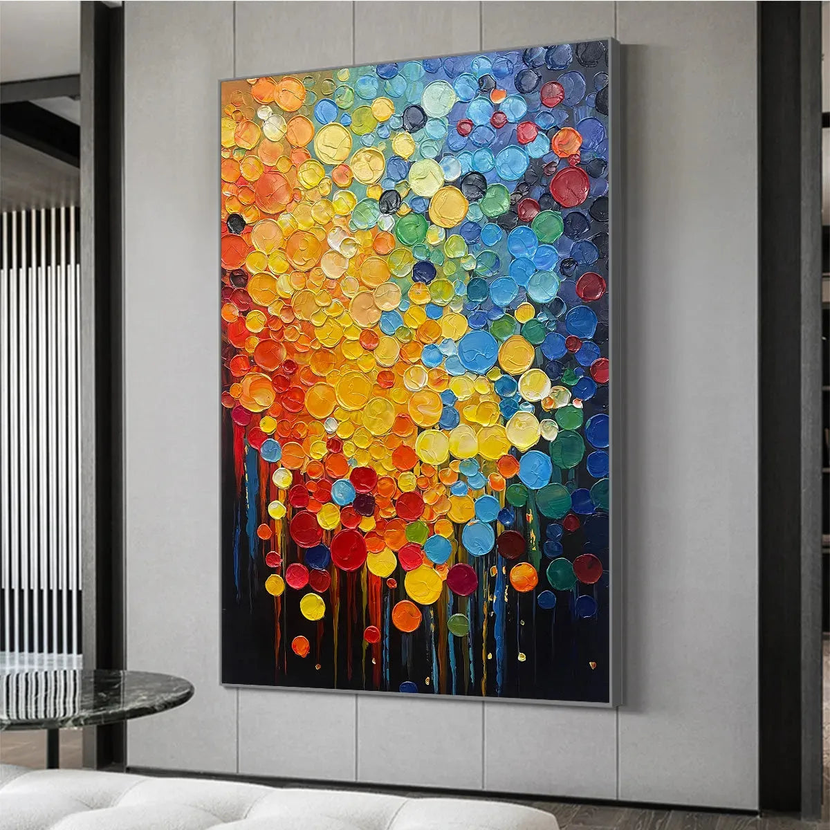 RAINBOW DROPS: Vertical Abstract Painting with Colorful Circles, Textured Impasto, Modern Wall Art